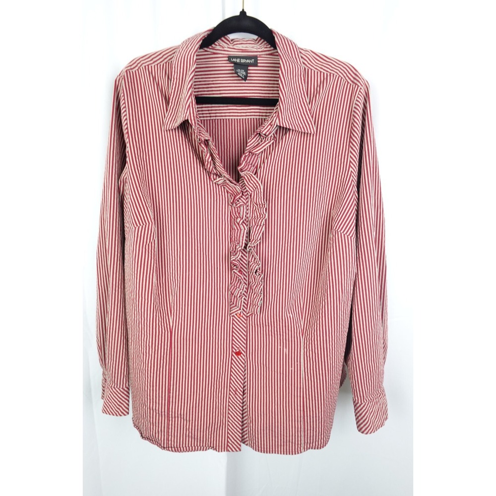 Lane Bryant 18/20 Red‎ White Stripe Ruffle Front Blouse Long Sleeve Stretch